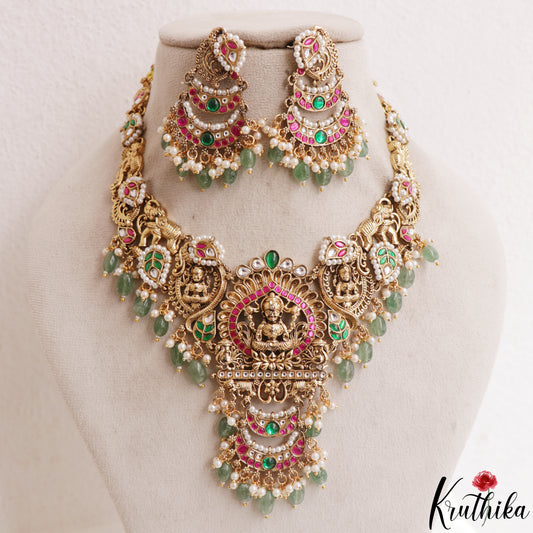 Premium Antique Nagas Lakshmi Elephant Motifs Jadau Necklace With Green Bead Drops NC3137