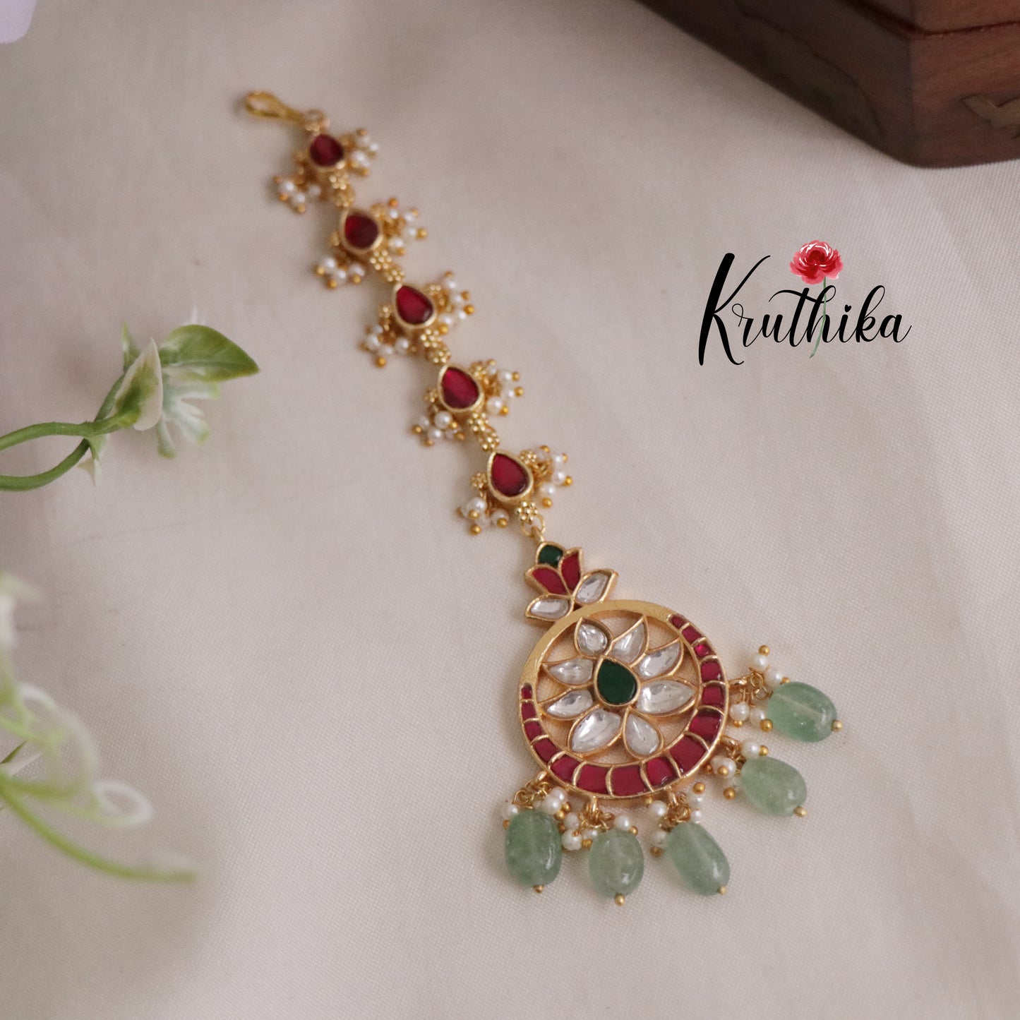 Gorgeous Jadau Maang Tikka with Pastel Green Beads MT270