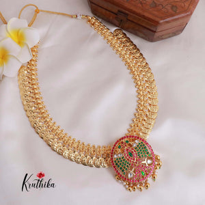 Premium Gold Finish Laxmi Coin Necklace With Jadau Pendant Multi Colour LH1783
