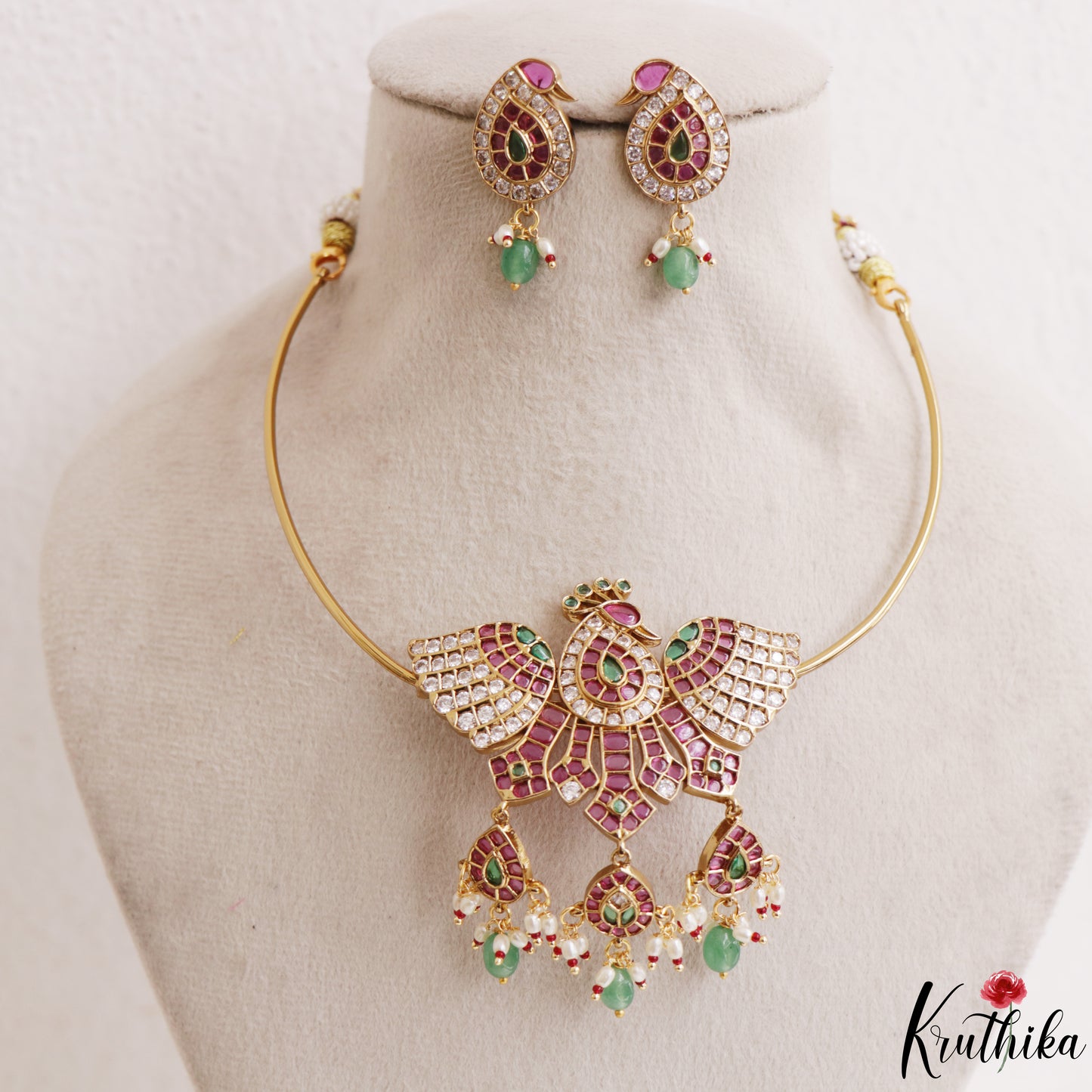 Classic Peacock Motifs Kemp Hasli Choker With Pearl Bead Drops NC3258 (Available In 3 Colors)