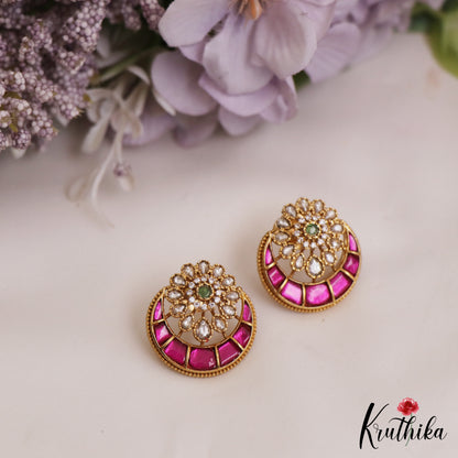 Pretty Floral Motifs Chandbali Jadau Stud Earrings E1013 (Available in 2 Colours)