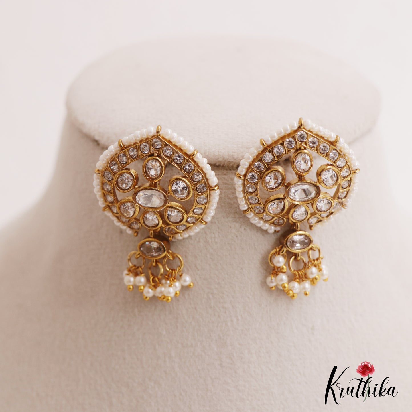 Elegant Pearl Border Floral Stud Earrings With Pearl Drops E1110 (Available In 5 Colors)