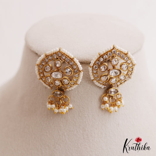 Elegant Pearl Border Floral Stud Earrings With Pearl Drops E1110 (Available In 5 Colors)