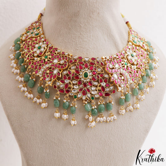 Stunning Floral Peacock Motifs Jadau Choker With Green Bead Drops NC3213