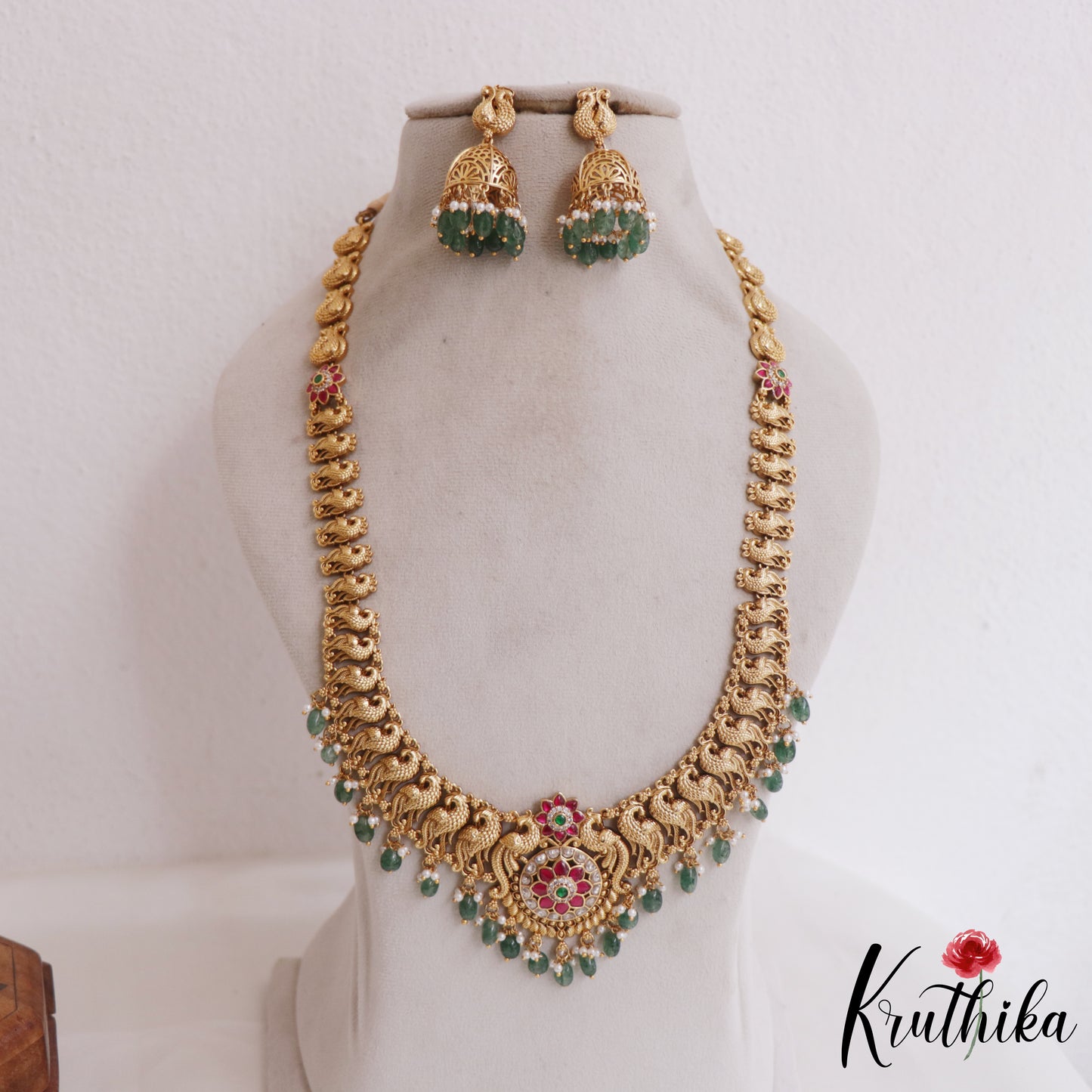 Gorgeous Antique Floral Peacock Motifs Jadau Haaram With Bead Drops LH2048 (Available In 4 Colors)