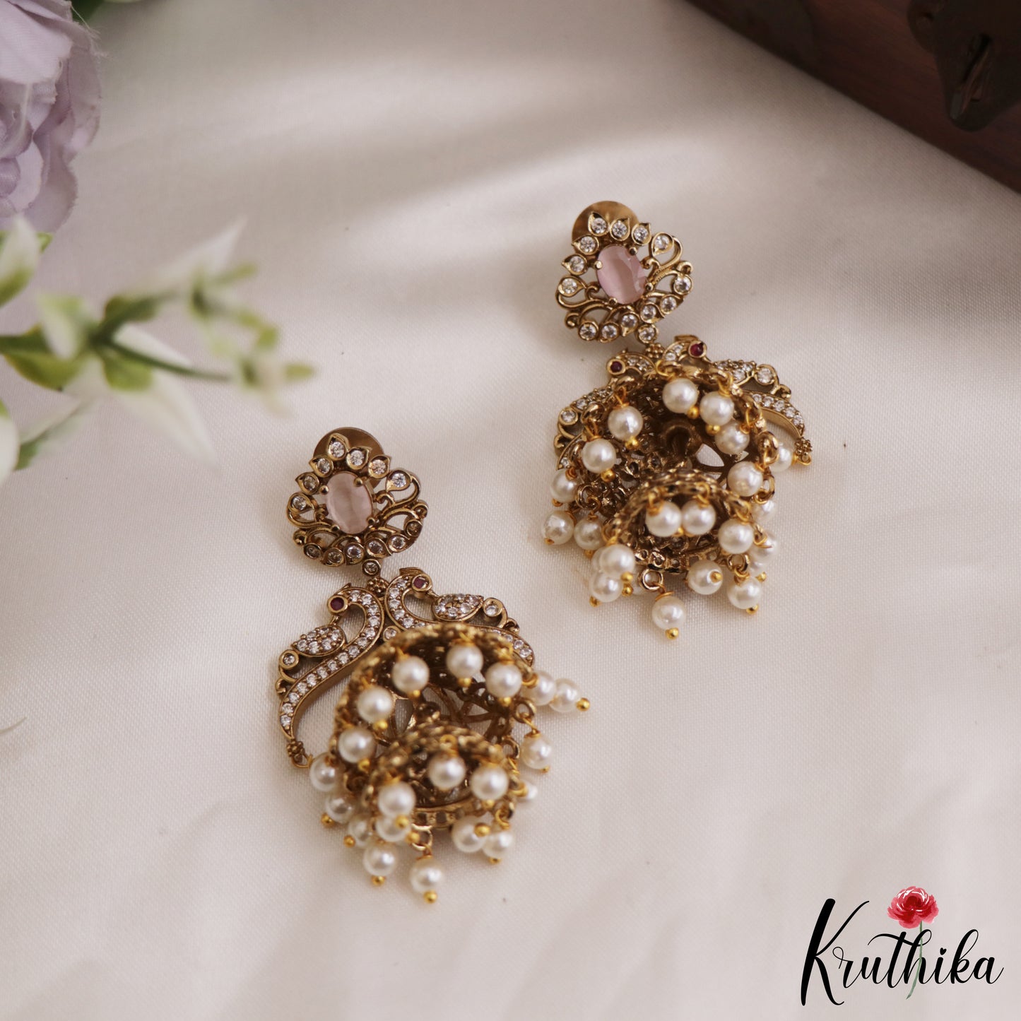 Stunning AD Peacock Jhumkas With Pearl Drops E876 (Available In 2 Colors)