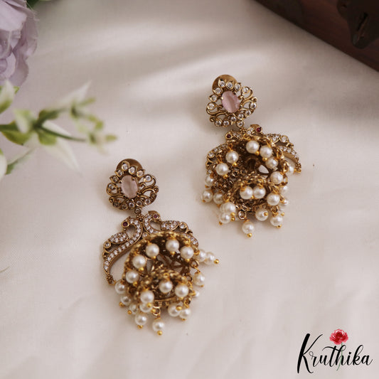 Stunning AD Peacock Jhumkas With Pearl Drops E876 (Available In 2 Colors)