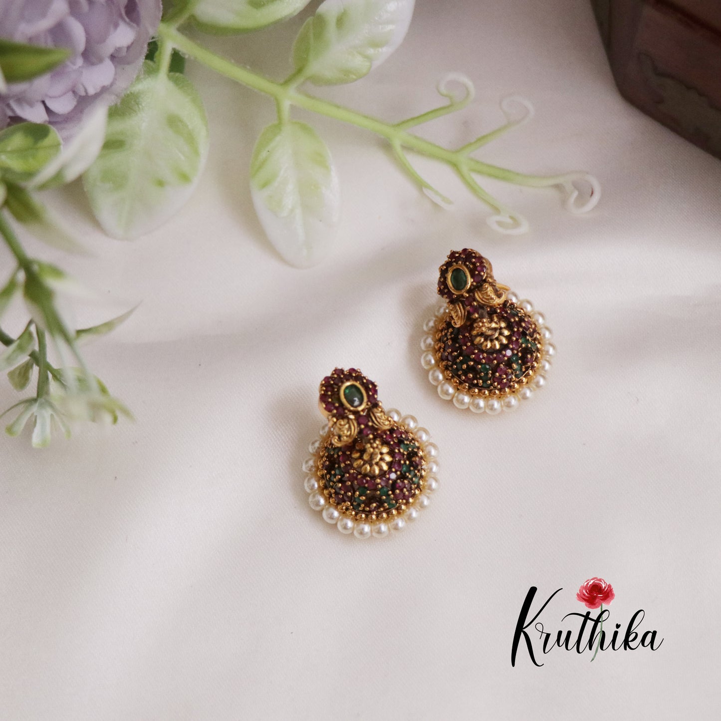 Beautiful Antique Ruby Pearl Dome Jhumkas E696 (Available in 2 Colors)