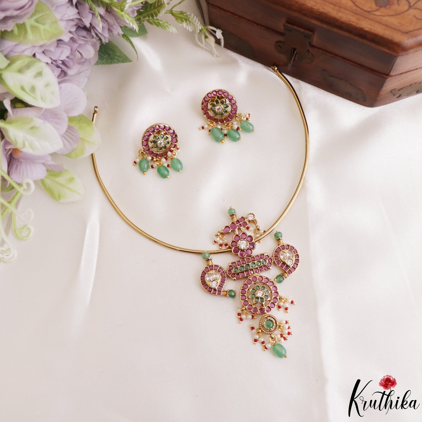 Elegant Floral Mango Motifs Kemp Hasli Choker With Pearl Bead Drops NC3259 (Available In 3 Colors)