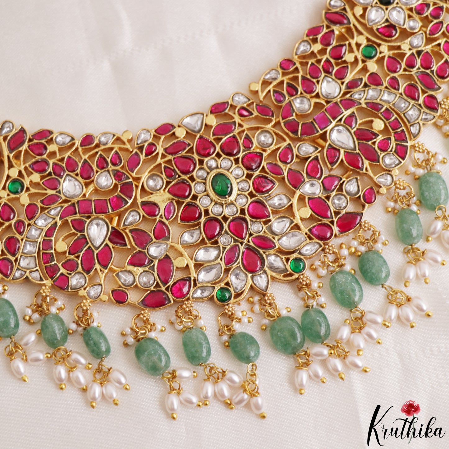 Stunning Floral Peacock Motifs Jadau Choker With Green Bead Drops NC3213