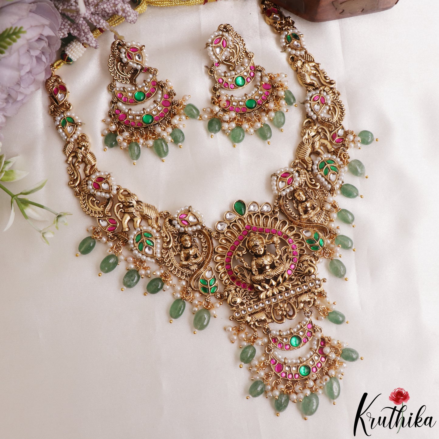 Premium Antique Nagas Lakshmi Elephant Motifs Jadau Necklace With Green Bead Drops NC3137