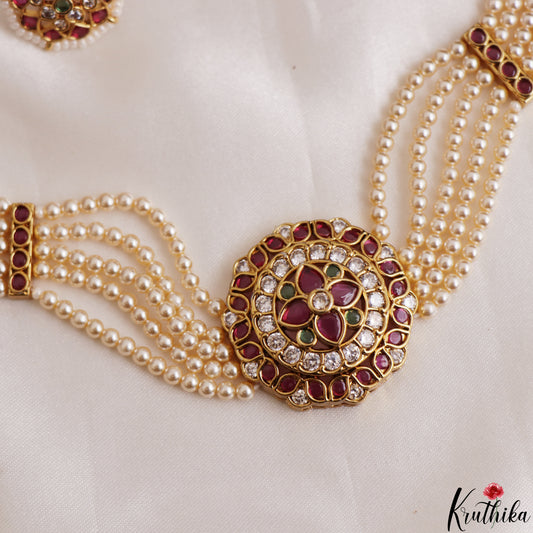 Beautiful Multi Pearl Strand Kemp Choker With Floral Pendant NC3179