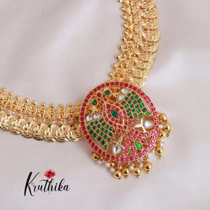 Premium Gold Finish Laxmi Coin Necklace With Jadau Pendant Multi Colour LH1783