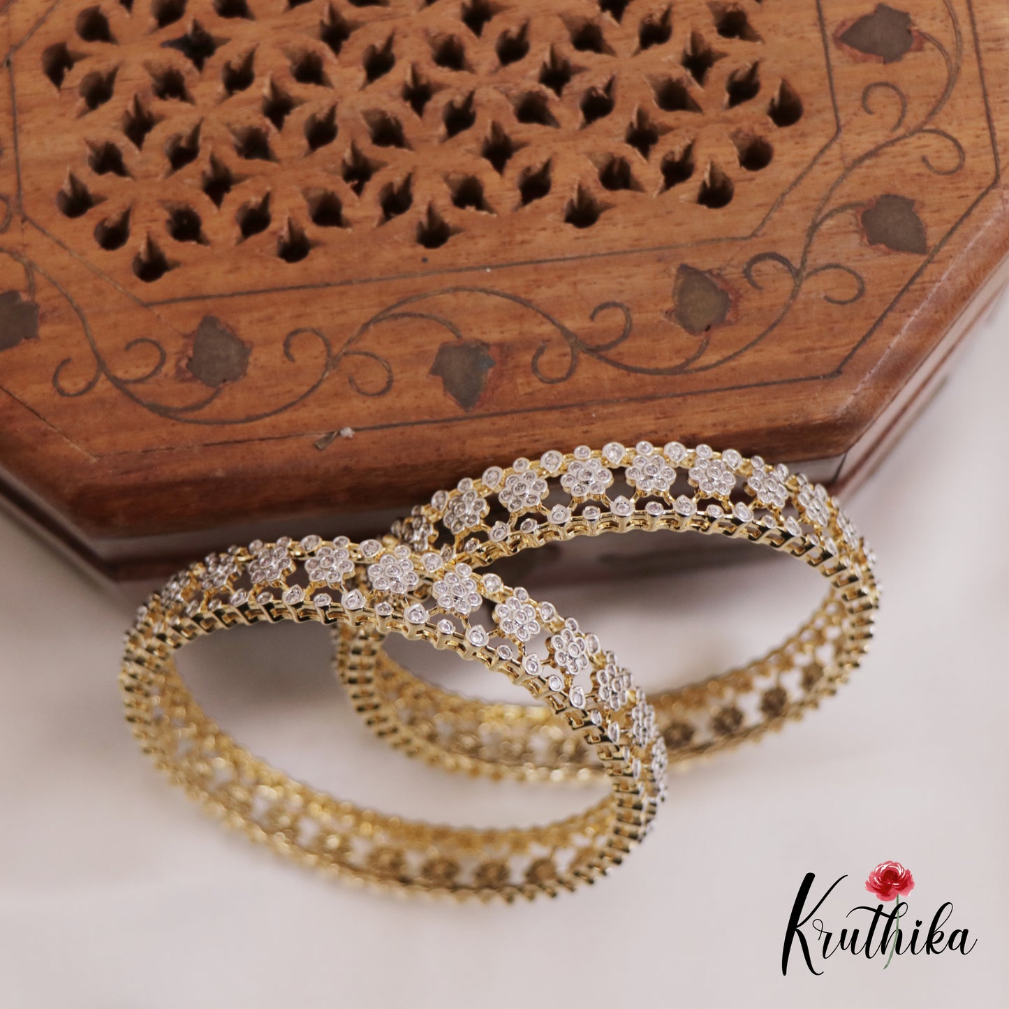 Elegant Floral Motifs AD Gold Finish Bangles B451 (Set of 2 Bangles)