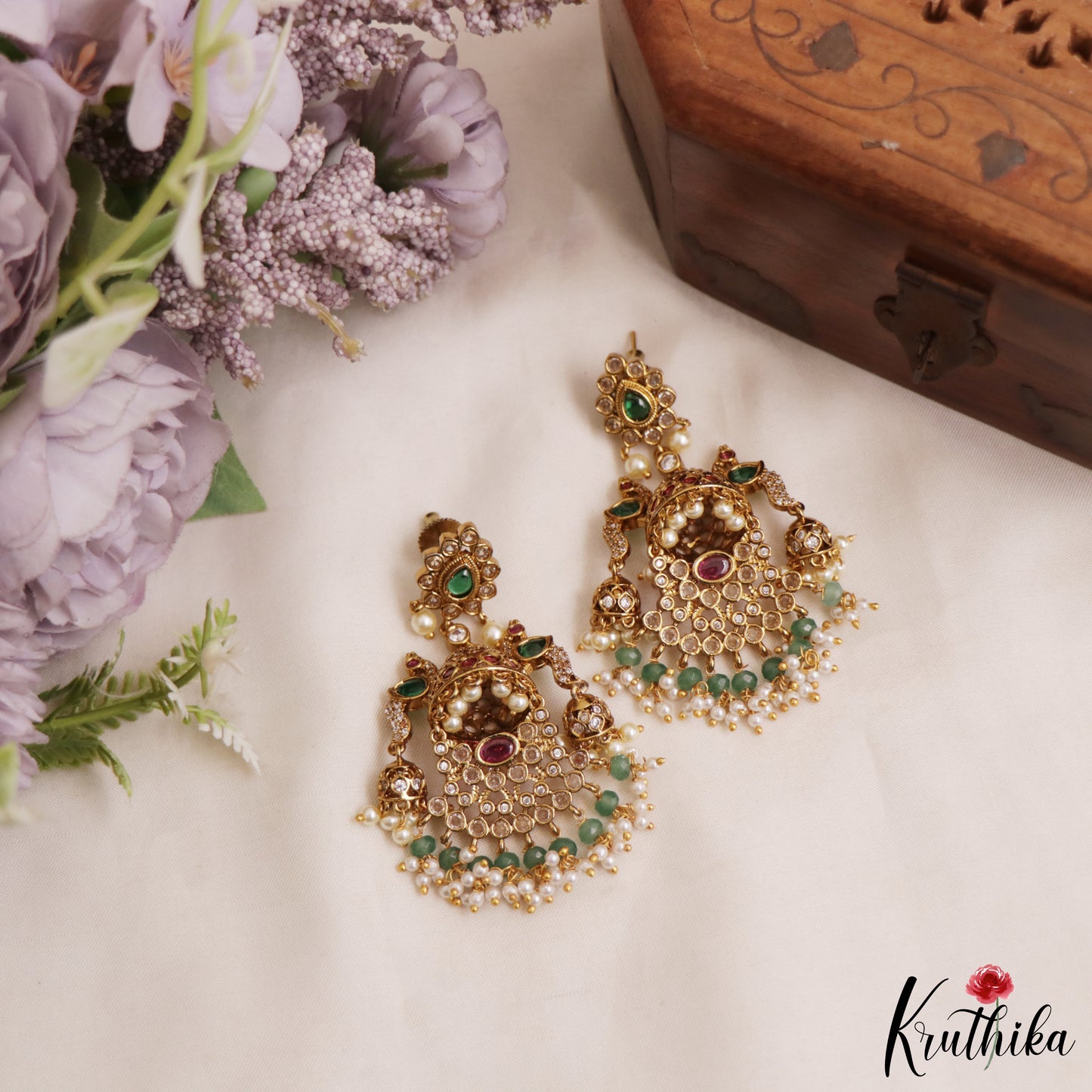 Beautiful Floral Peacock Motifs Jhumkas With Pearl Bead Drops E1075