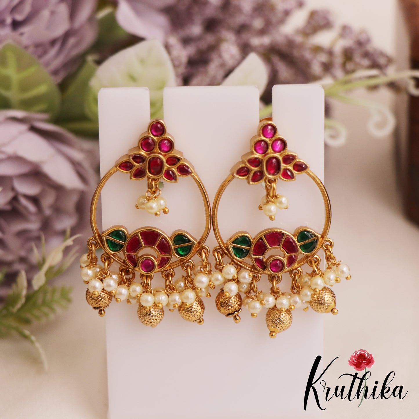 Elegant Teardrop Chandbali Earrings With Pearl And Bead Drops E1051 (Available In 2 Colors)