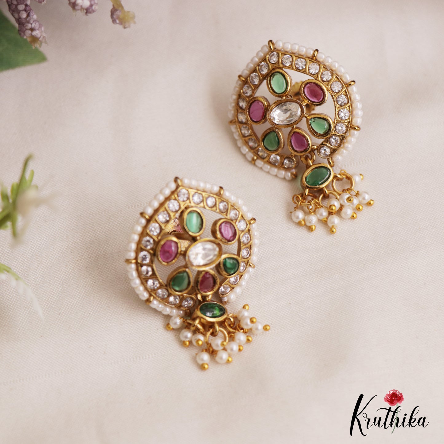 Elegant Pearl Border Floral Stud Earrings With Pearl Drops E1110 (Available In 5 Colors)