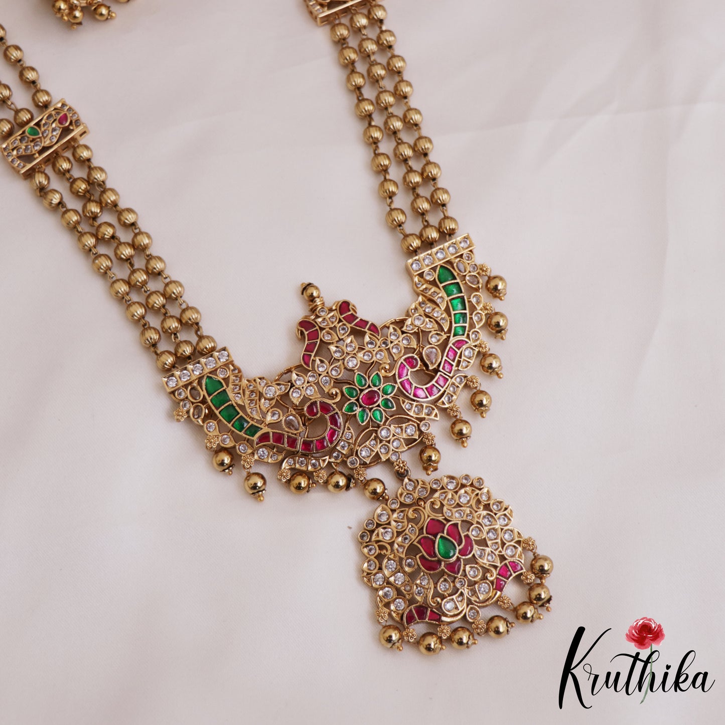 Beautiful Three Layer Golden Beaded Haaram with Peacock Floral Motifs Pendant LH2049