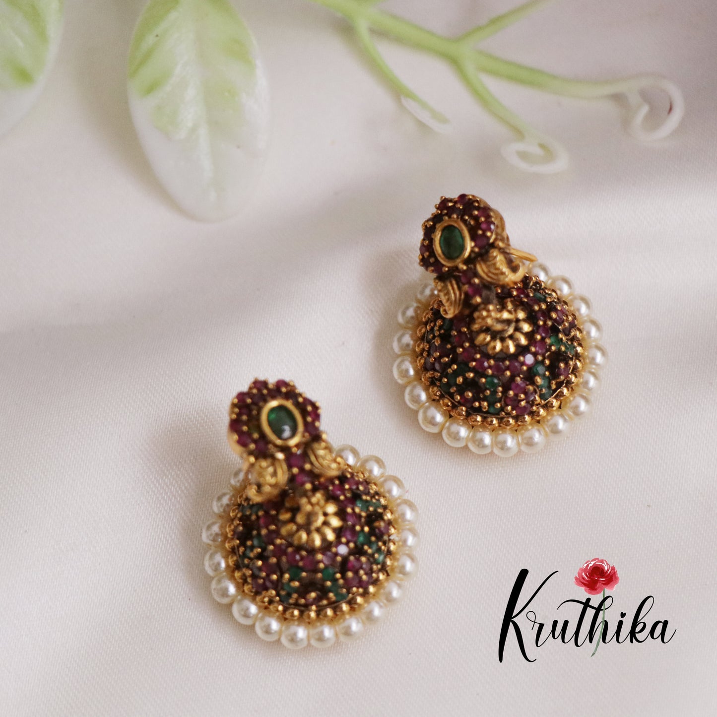 Beautiful Antique Ruby Pearl Dome Jhumkas E696 (Available in 2 Colors)