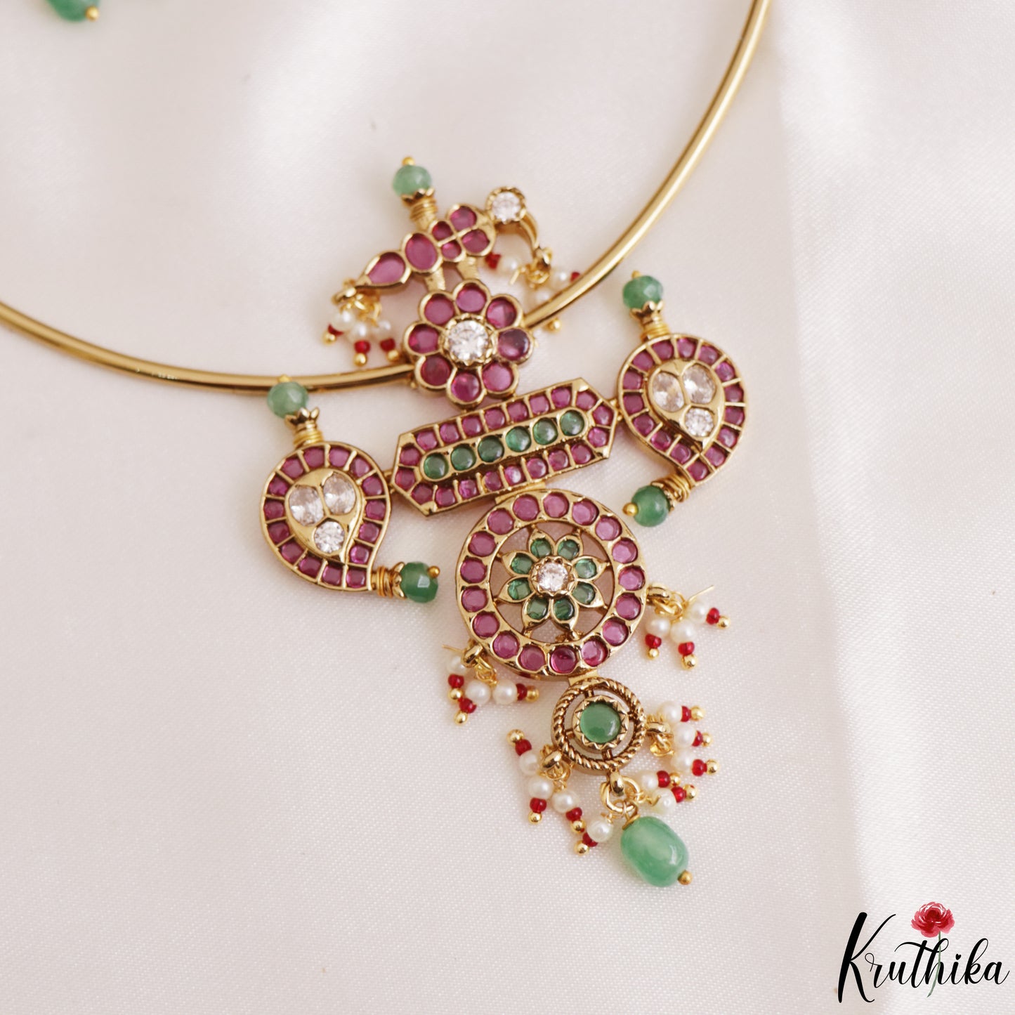 Elegant Floral Mango Motifs Kemp Hasli Choker With Pearl Bead Drops NC3259 (Available In 3 Colors)