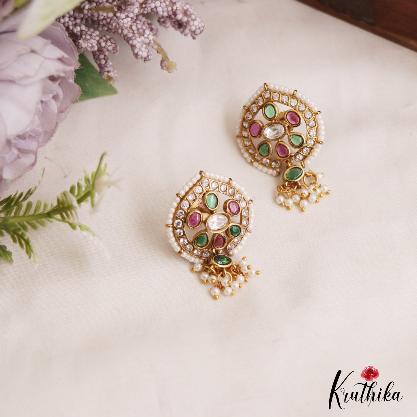 Elegant Pearl Border Floral Stud Earrings With Pearl Drops E1110 (Available In 5 Colors)