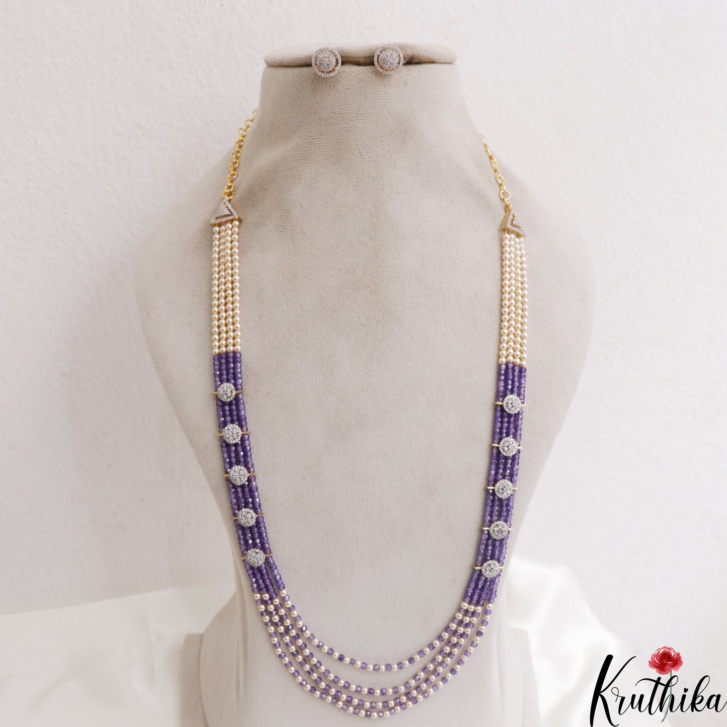 Sparkling Multi Layered Crystal & Pearl Haaram With Floral Accents LH2127