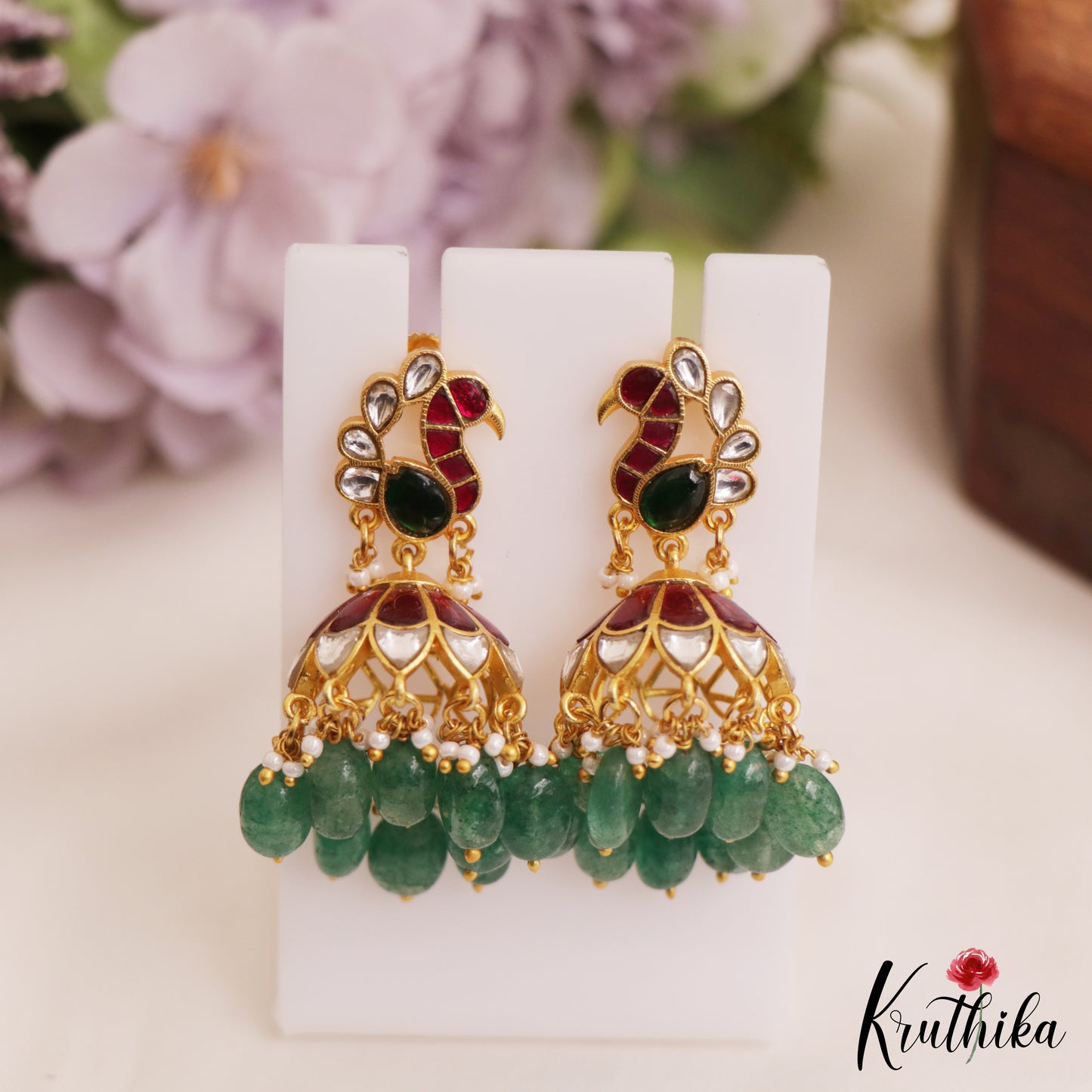 Beautiful Peacock Motifs Jadau Jhumka With Green Bead Drops E1019