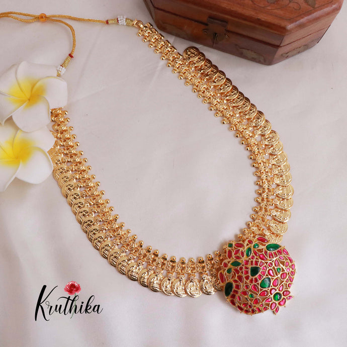 Premium Gold Finish Laxmi Coin Necklace With Jadau Pendant LH1784