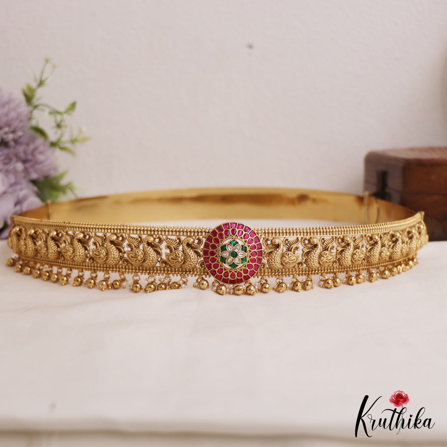 Premium Antique Floral Peacock Motifs Jadau Hip Belt With Bead Drops V356 (Available In 4 Colors)
