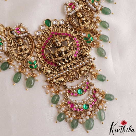 Premium Antique Nagas Lakshmi Elephant Motifs Jadau Necklace With Green Bead Drops NC3137