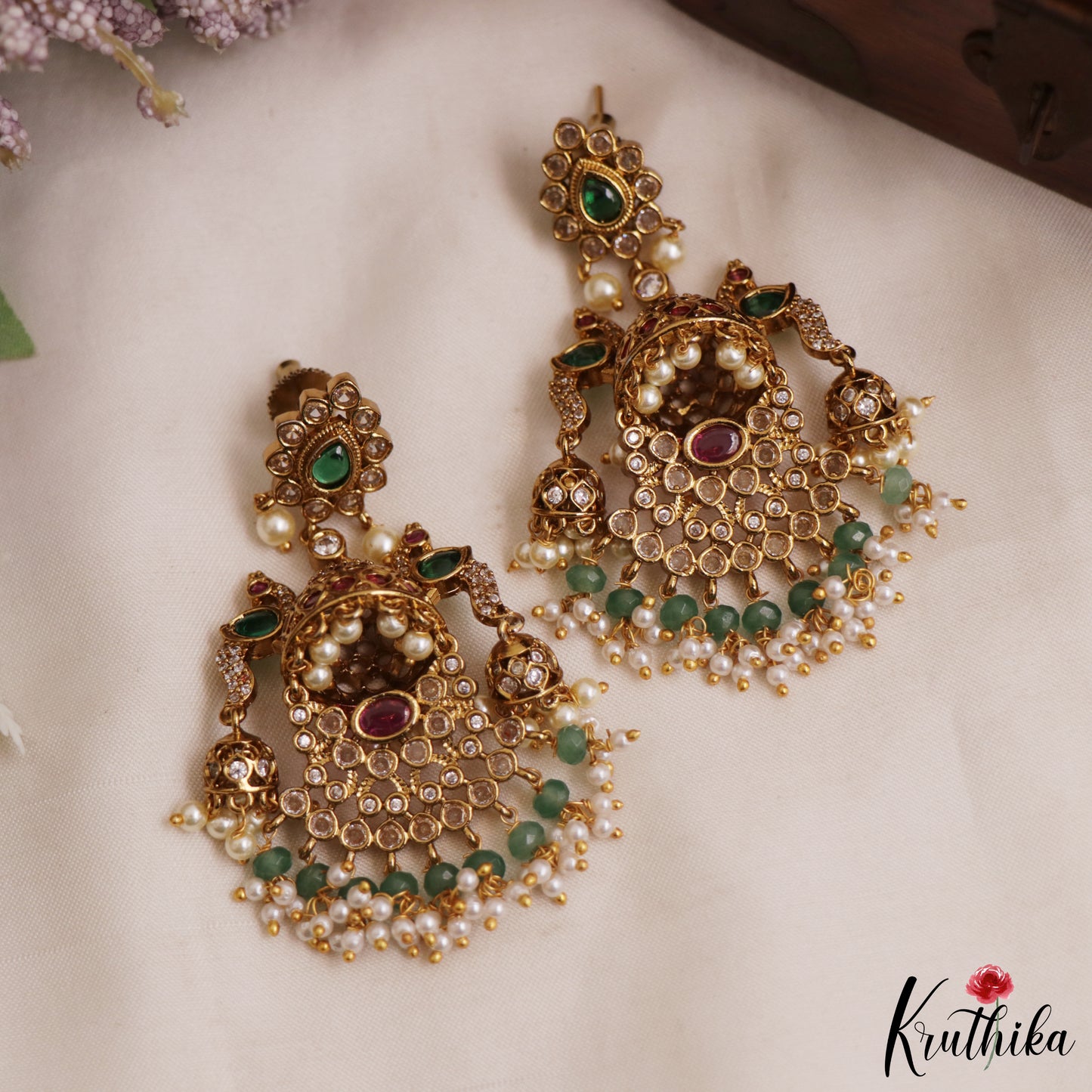Beautiful Floral Peacock Motifs Jhumkas With Pearl Bead Drops E1075