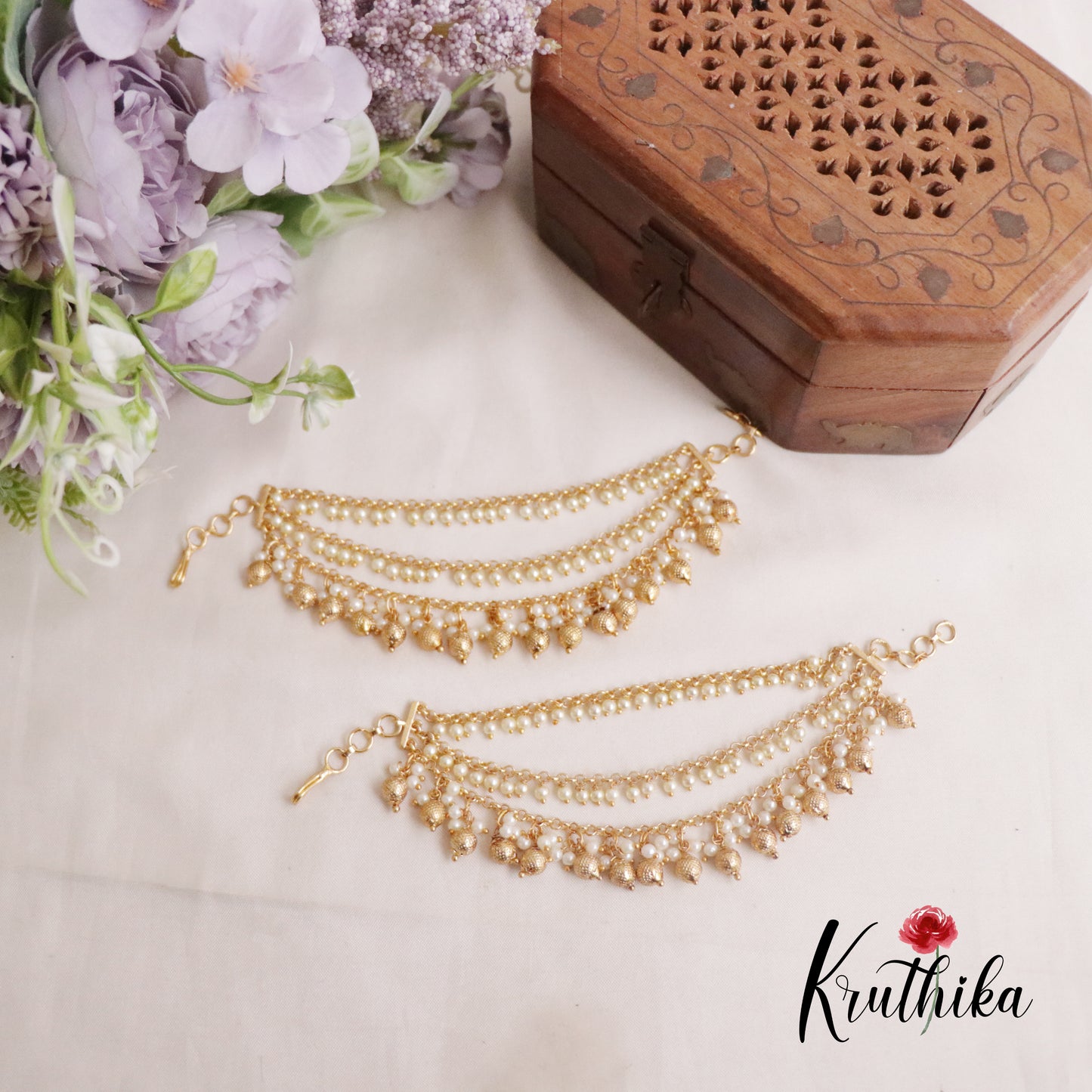 Simple Three Layer Pearl Earchains with Golden Beads Drops EC107