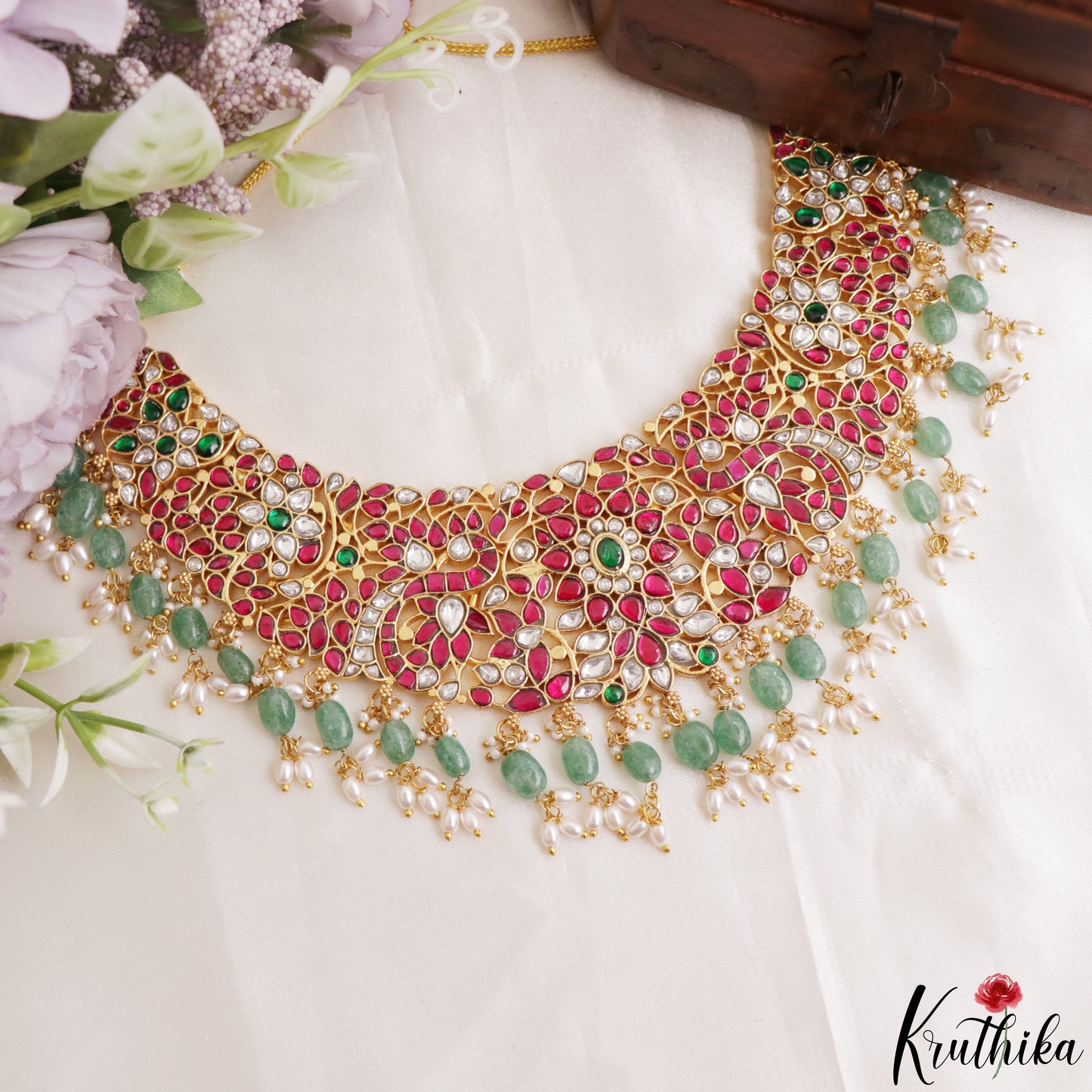 Stunning Floral Peacock Motifs Jadau Choker With Green Bead Drops NC3213