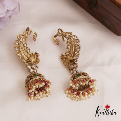 Premium AD Peacock Pearl Earcuff with Jhumkas E795 (Available In 2 Colors)