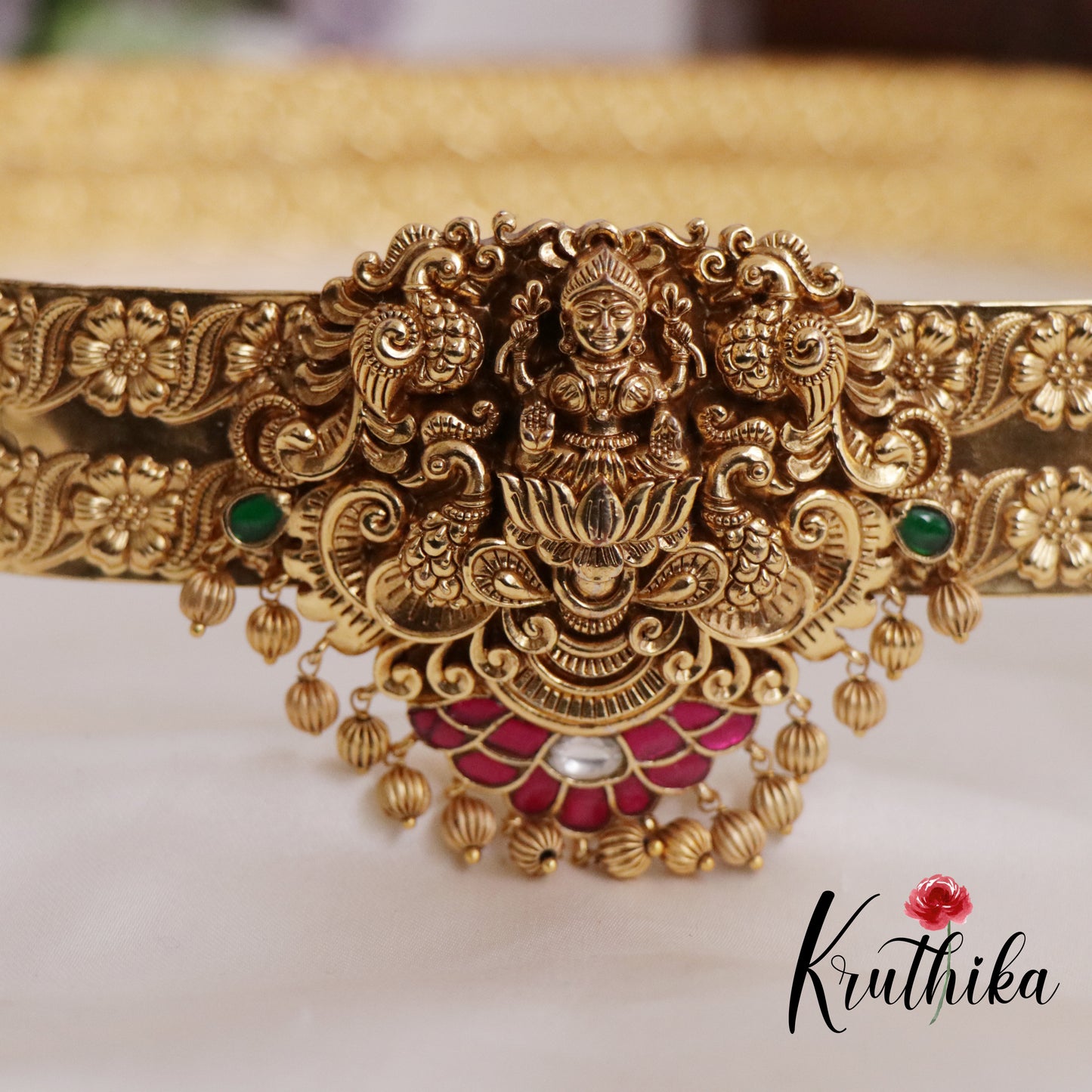 Premium Antique Light Weight Temple Lotus Lakshmi Vaddanam with Golden Beads V280 (Available in 2 Colors)