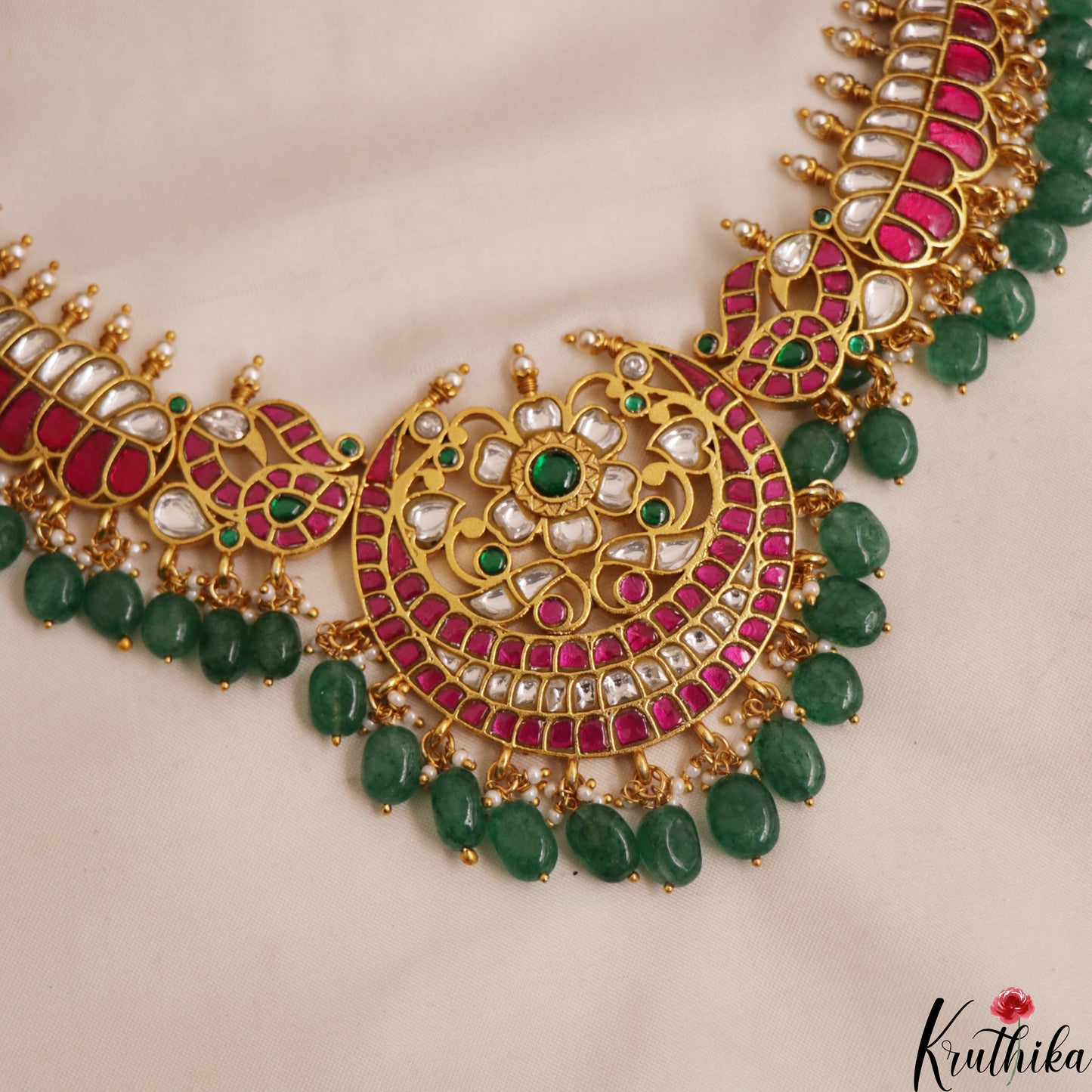 Premium Floral Peacock Motifs Jadau Choker With Green Bead Drops NC2998