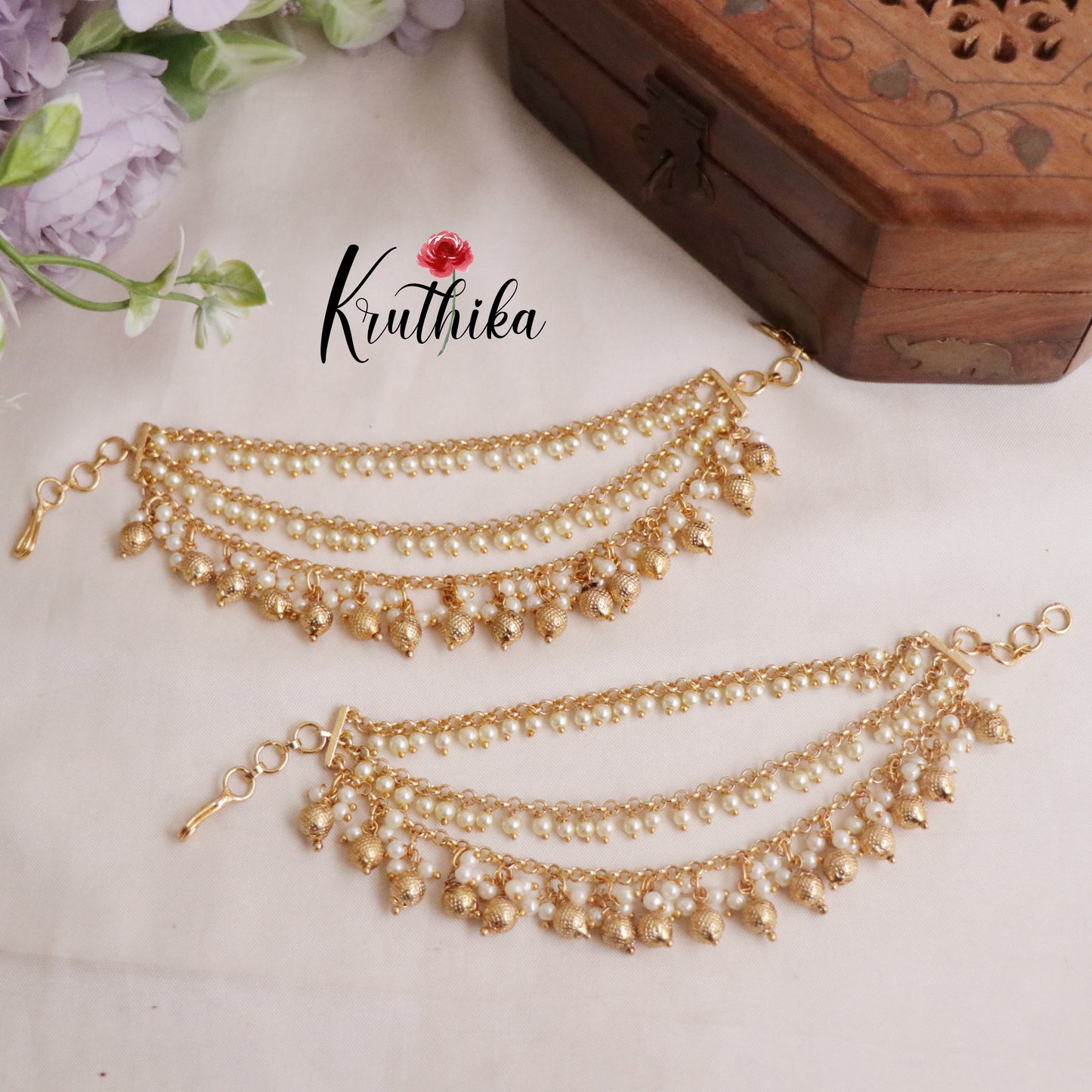 Simple Three Layer Pearl Earchains with Golden Beads Drops EC107