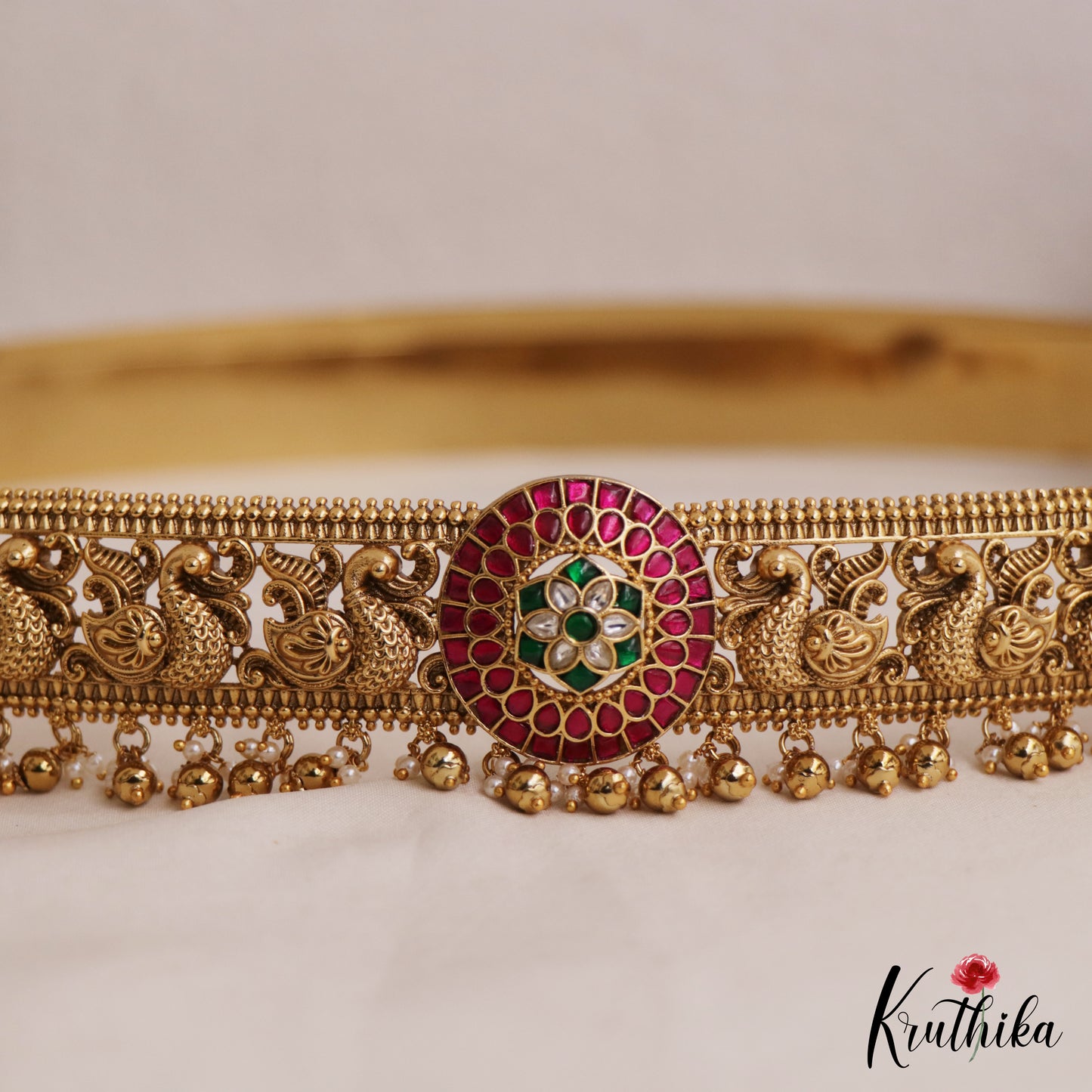 Premium Antique Floral Peacock Motifs Jadau Hip Belt With Bead Drops V356 (Available In 4 Colors)