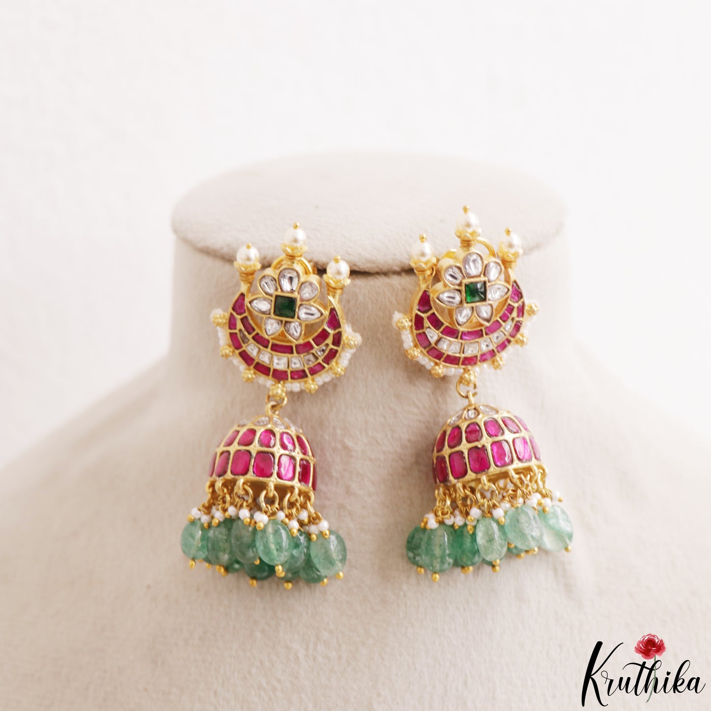 Gorgeous Floral Motifs Jadau Jhumkas With Green Bead Drops E1216