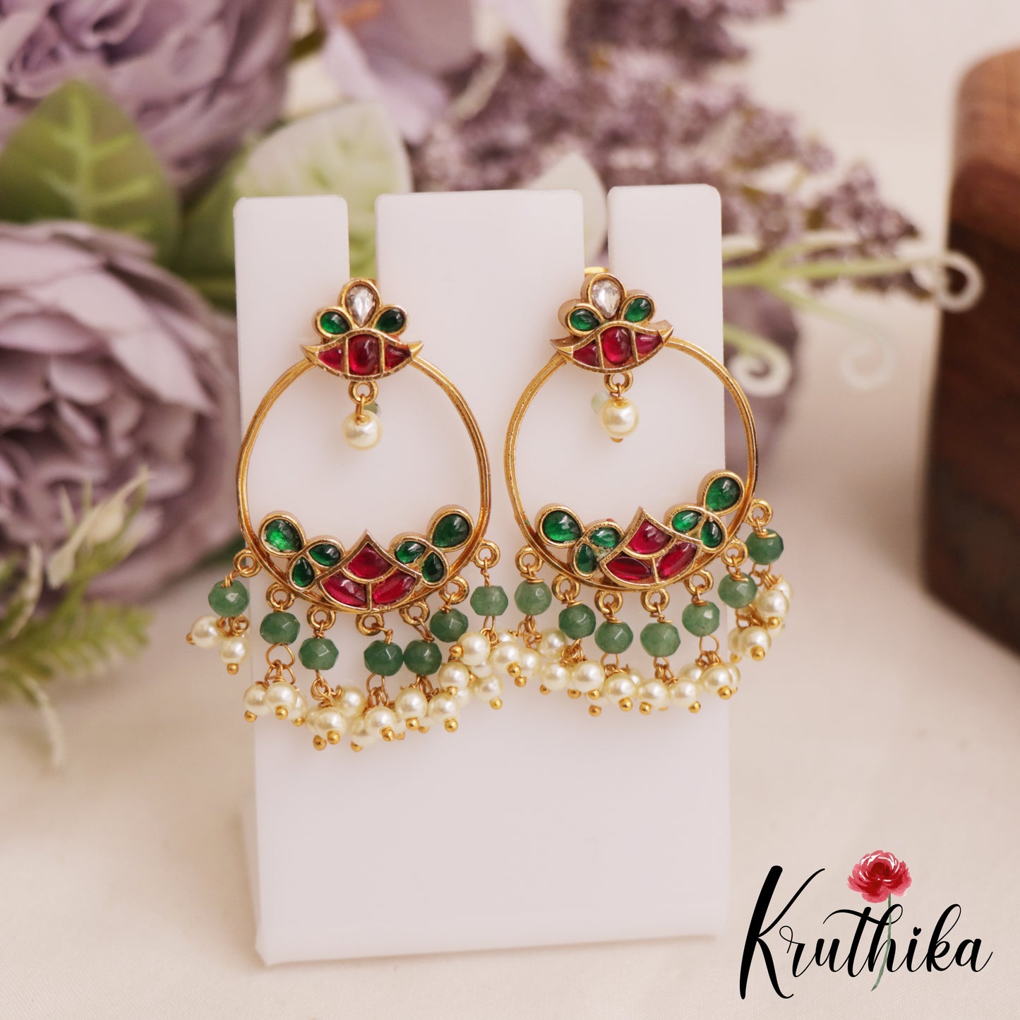 Beautiful Teardrop Chandbali Earrings With Pearl And Bead Drops E1050