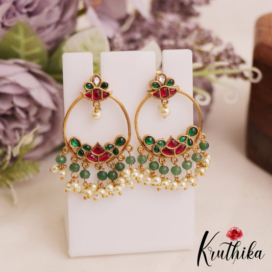 Beautiful Teardrop Chandbali Earrings With Pearl And Bead Drops E1050