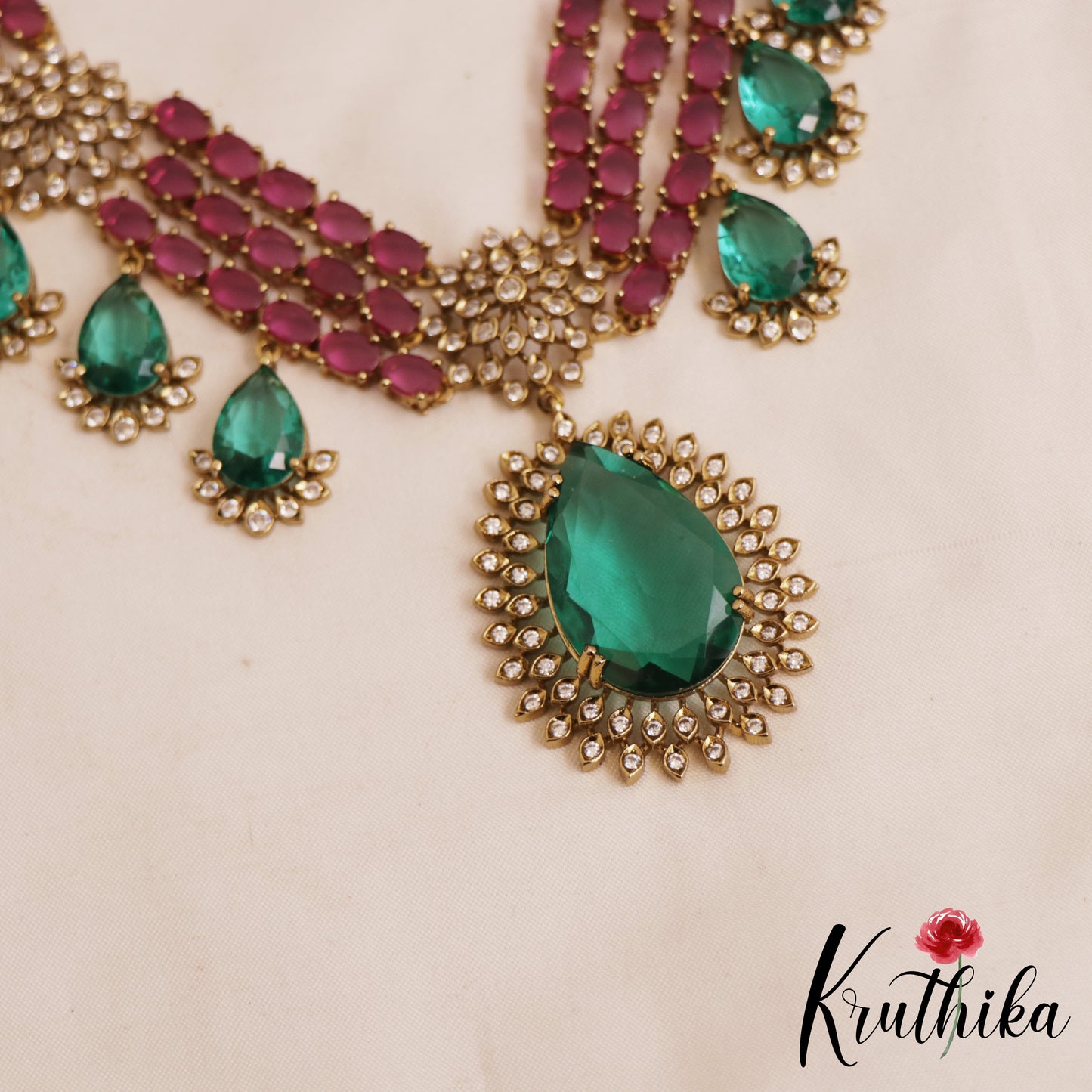 Stunning Floral Teardrop Motifs Multi Layered AD Victorian Necklace NC2894