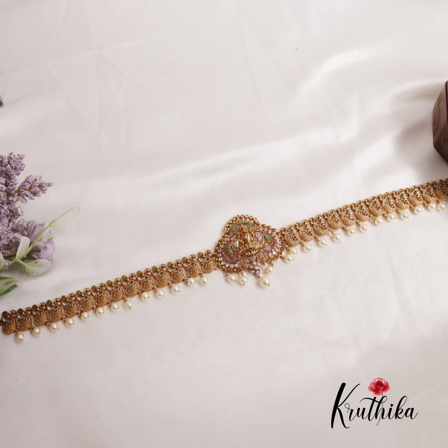 Classic Kemp Lakshmi Peacock Motifs Hip Chain with Pearl Drops V312