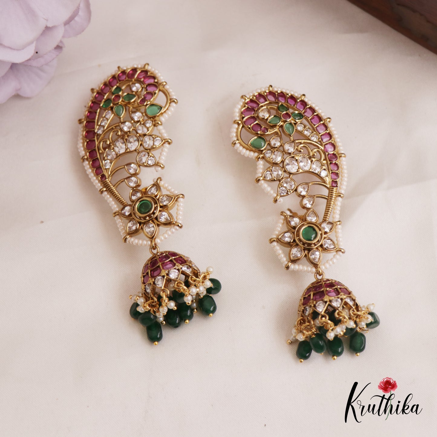 Sparkling Pearl Border Floral Motifs Kemp Jhumka Ear Cuff With Green Bead Drops E972 (Available in 2 Colors)