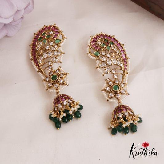 Sparkling Pearl Border Floral Motifs Kemp Jhumka Ear Cuff With Green Bead Drops E972 (Available in 2 Colors)