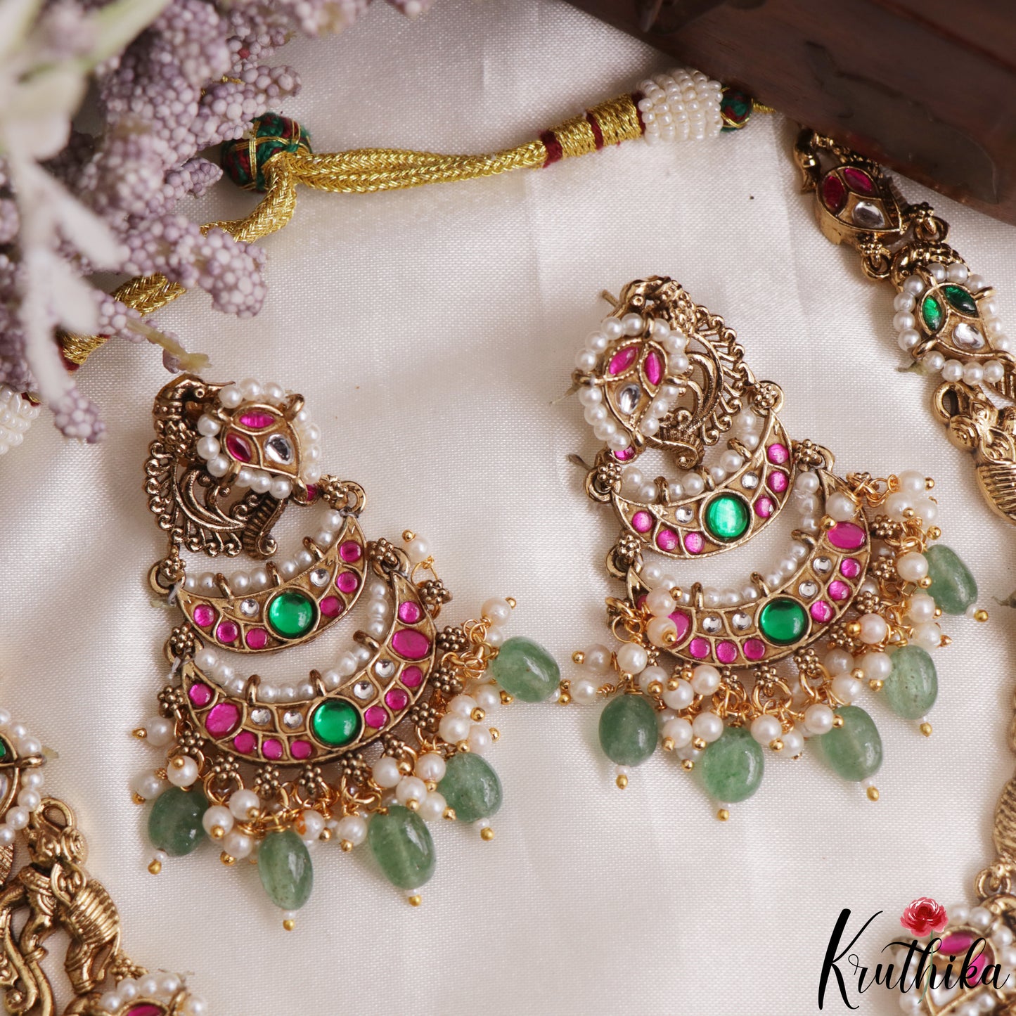Premium Antique Nagas Lakshmi Elephant Motifs Jadau Necklace With Green Bead Drops NC3137