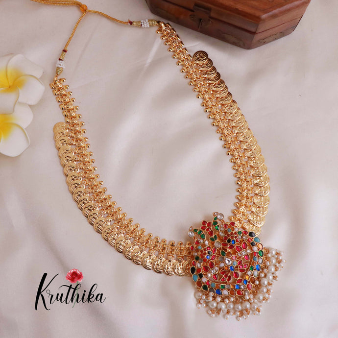 Premium Gold Finish Laxmi Coin Necklace With Jadau Pendant Multi Colour LH1782