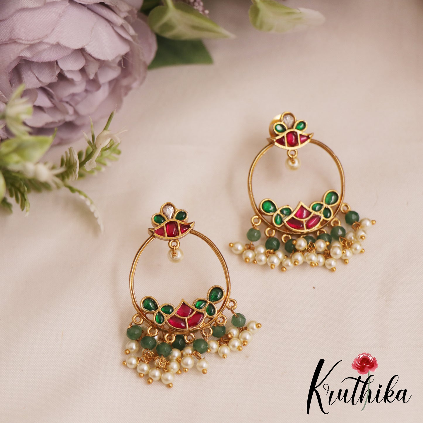 Beautiful Teardrop Chandbali Earrings With Pearl And Bead Drops E1050