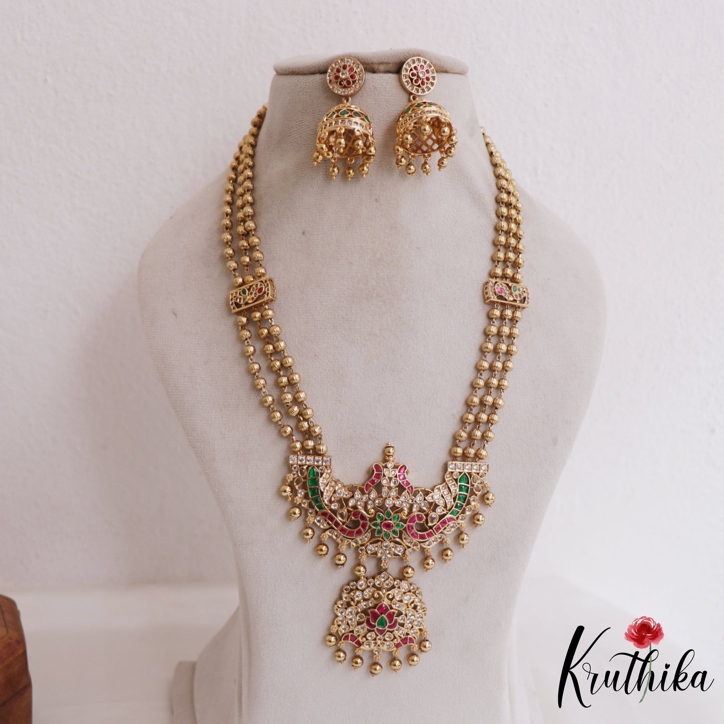 Beautiful Three Layer Golden Beaded Haaram with Peacock Floral Motifs Pendant LH2049