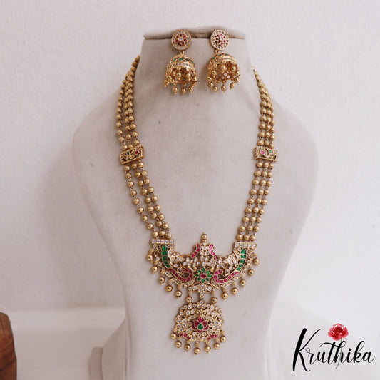 Beautiful Three Layer Golden Beaded Haaram with Peacock Floral Motifs Pendant LH2049